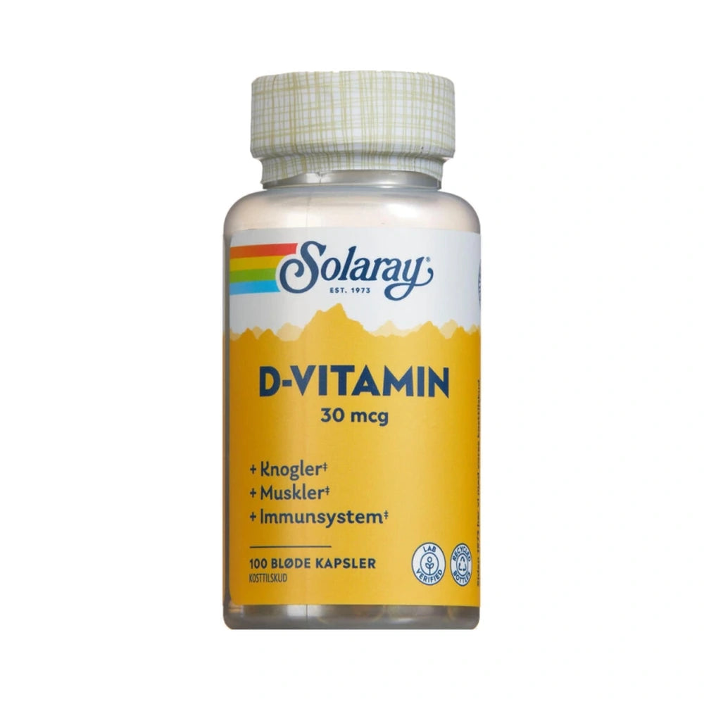 Pakke med Solaray D-vitamin 30 µg vitamin D3, 100 stk