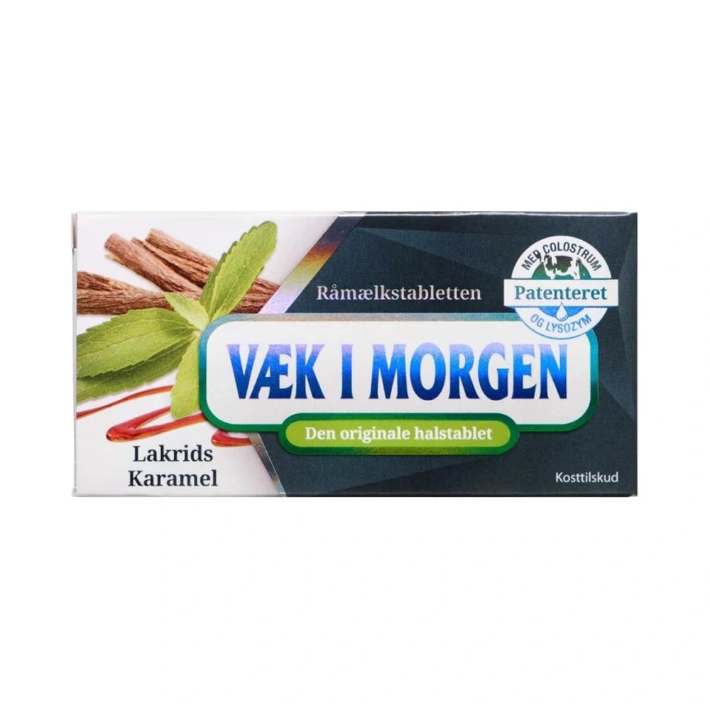 Pakning med Væk i Morgen halstabletter med smag af lakrids og karamel