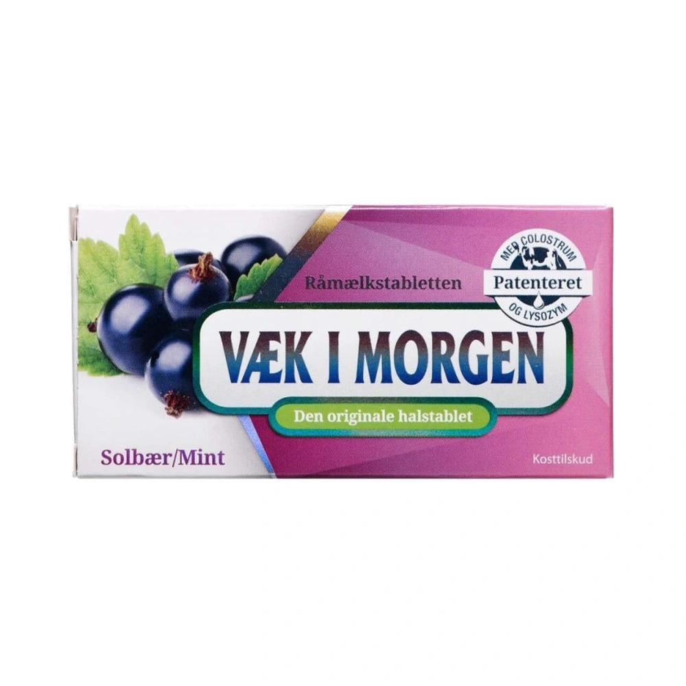 Pakning med Væk i Morgen halstabletter med smag af solbær og mint