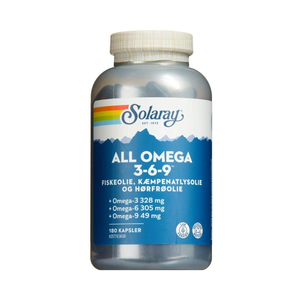 Glas med Solaray All Omega 3-6-9 kapsler med fiskeolie og hørfrøolie, 180 stk.