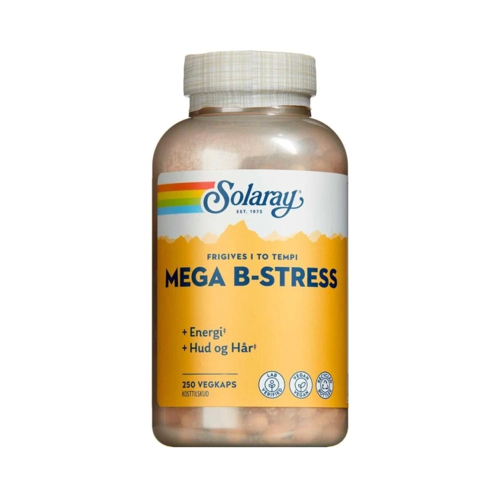 Glas med Solaray Mega B-Stress kosttilskud med B-vitaminer, 250 stk.