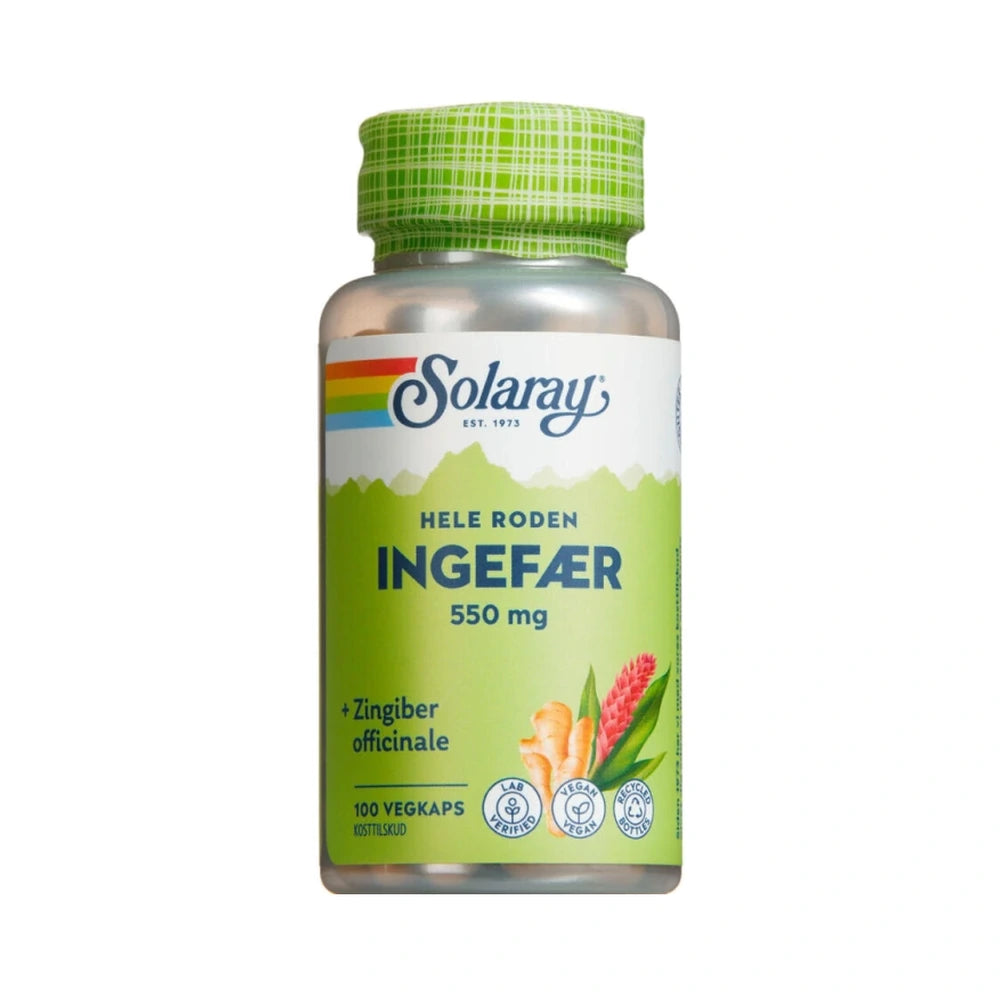 Glas med Solaray Ingefær kapsler, vegansk kosttilskud, 100 stk.
