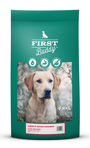 Sæk med First Buddy Adult High Energy voksenfoder med and og kanin, 7 kg