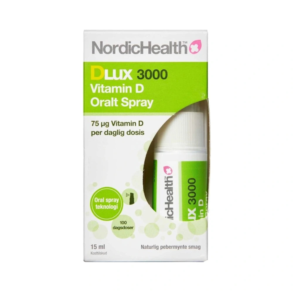 Flaske med NordicHealth DLux 3000 D-vitamin spray 75 µg, 15 ml