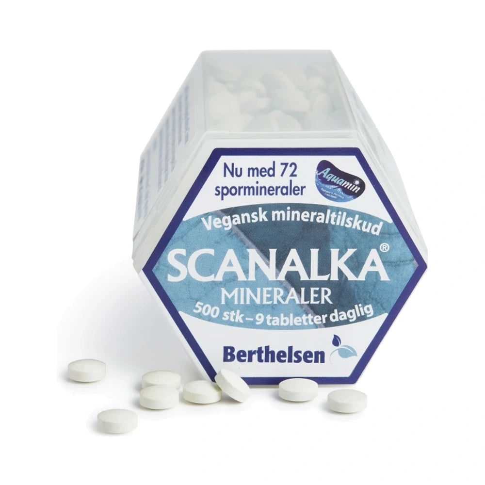 Pakke med Berthelsen Scanalka mineraler, vegansk kosttilskud, 500 stk