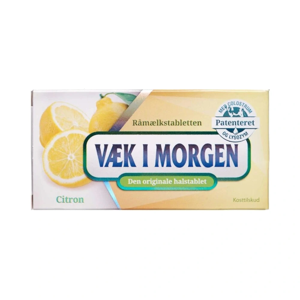 Pakke med Væk i Morgen halstabletter i varianten citron, 20 stk