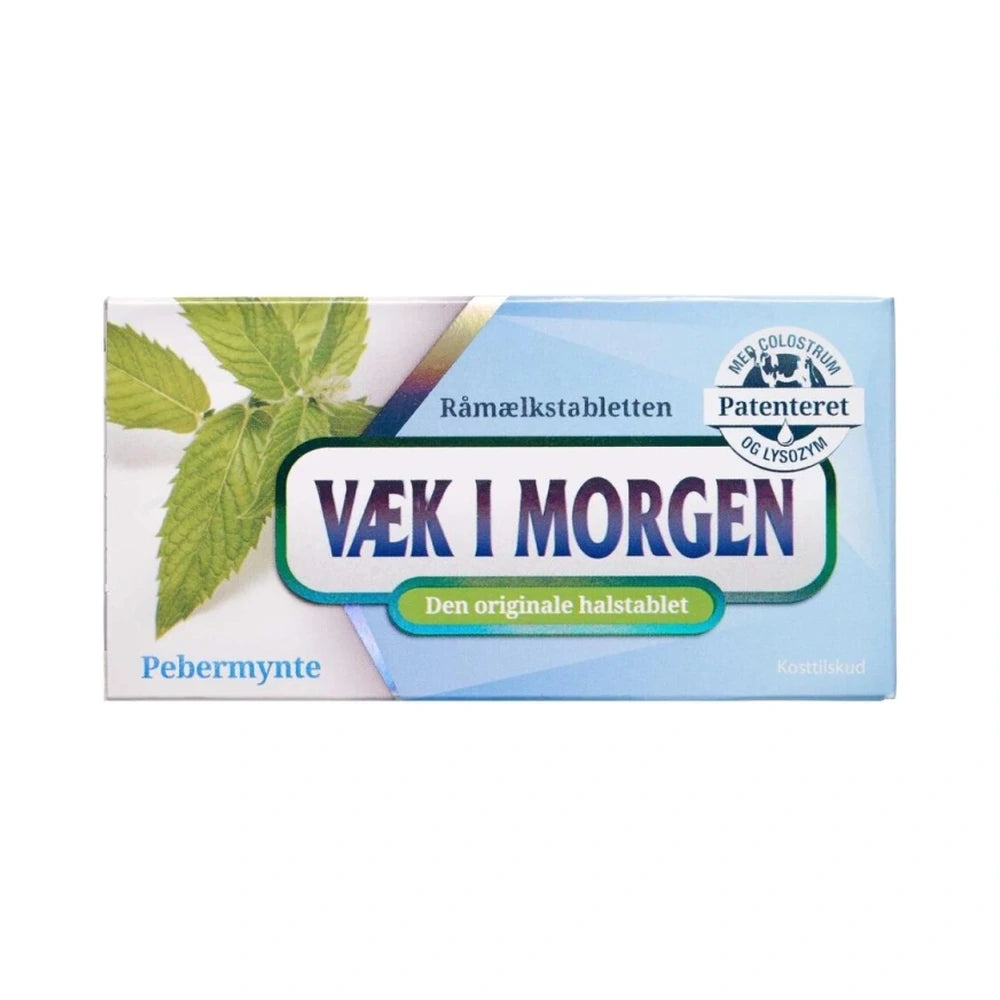 Pakke med Væk i Morgen halstabletter i varianten pebermynte, 20 stk