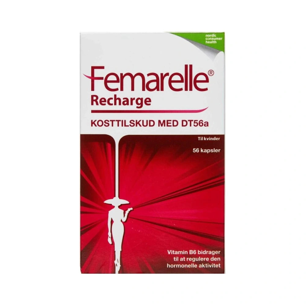 Pakning med Femarelle Recharge kosttilskud, 56 kapsler med fermenteret sojaekstrakt, hørfrø og vitamin B6