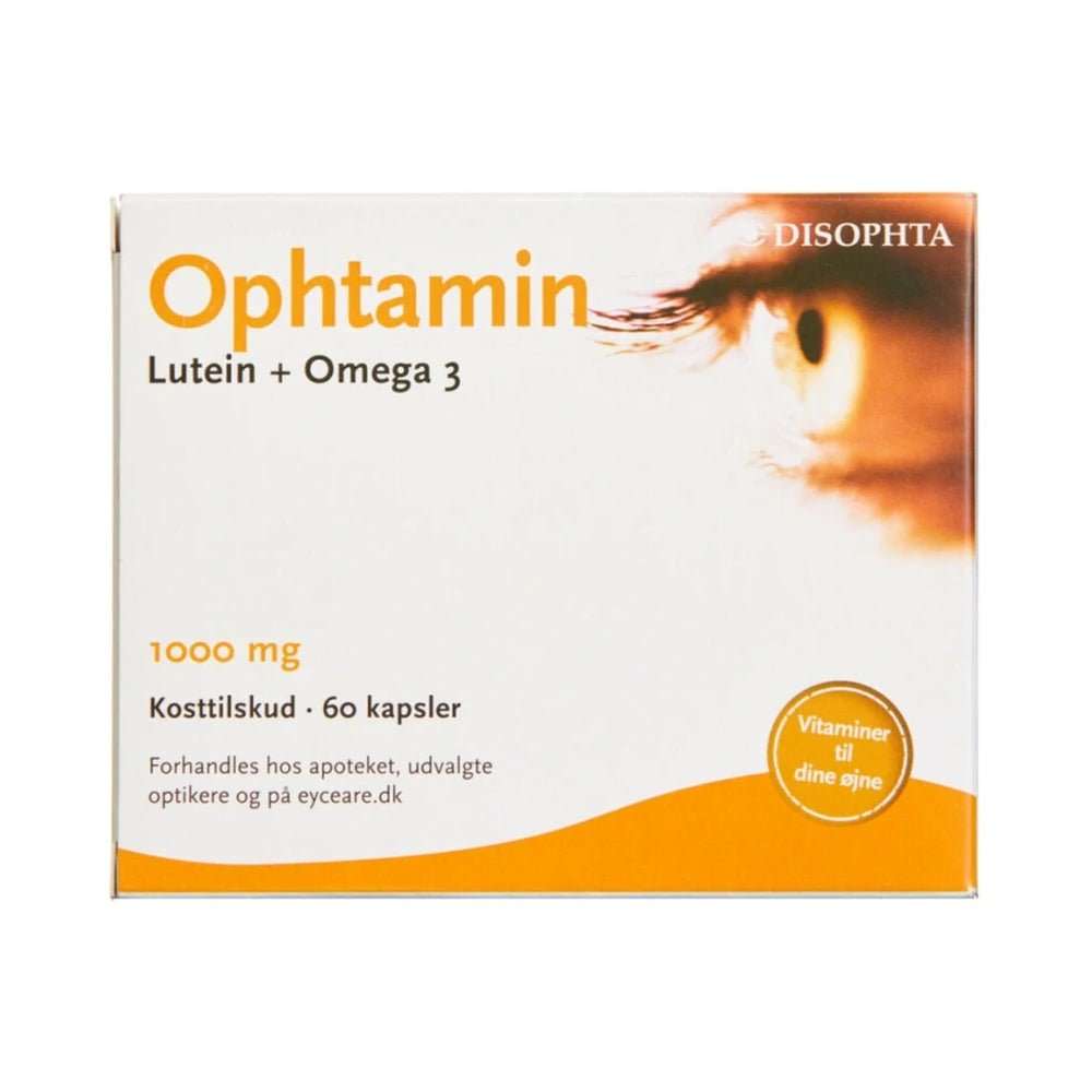 Pakke med Ophtamin Luetin + Omega-3 kapsler på 1000 mg, 60 stk
