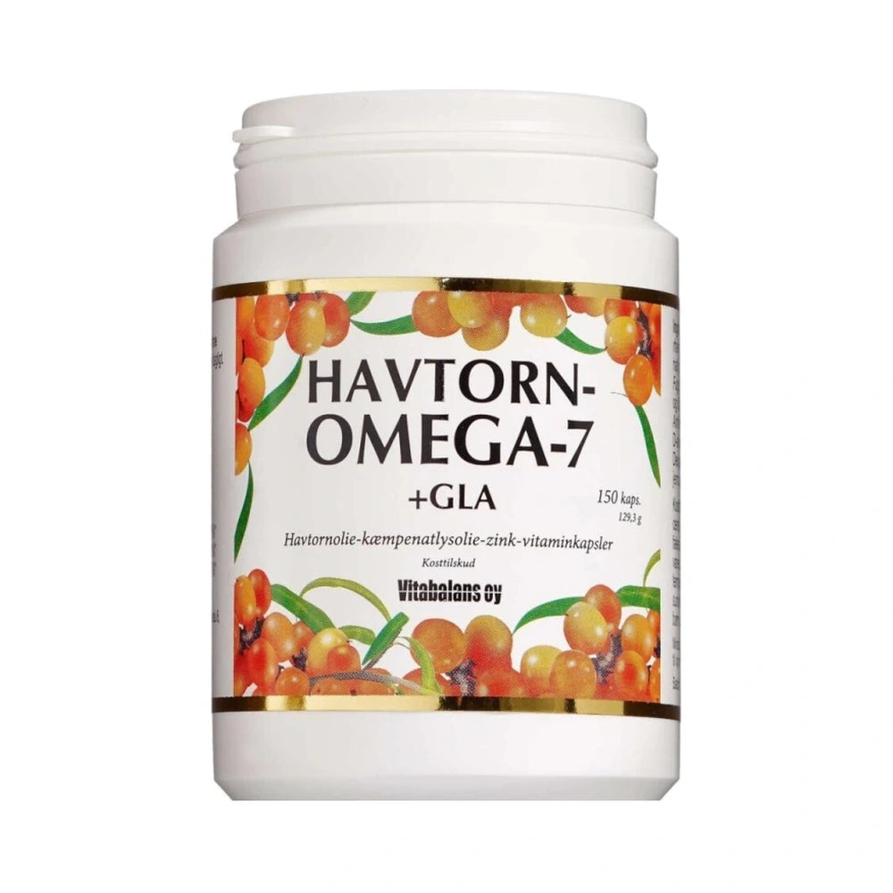 Glas med Vitabalans Havtorn Omega-7 +GLA kapsler, kosttilskud med havtornolie og kæmpenatlysolie