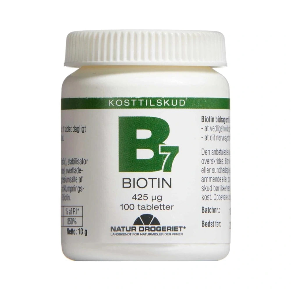 Pakning med Natur Drogeriet Mega Biotin vitamin, tabletter, 100 stk.