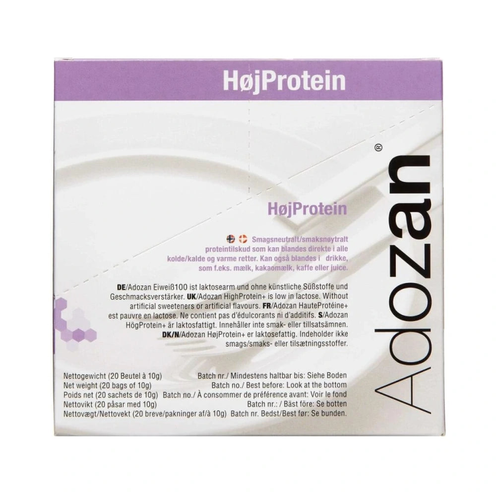 Pakning med Adozan HøjProtein, smagsneutralt proteinpulver i 20 portionsposer á 10 g