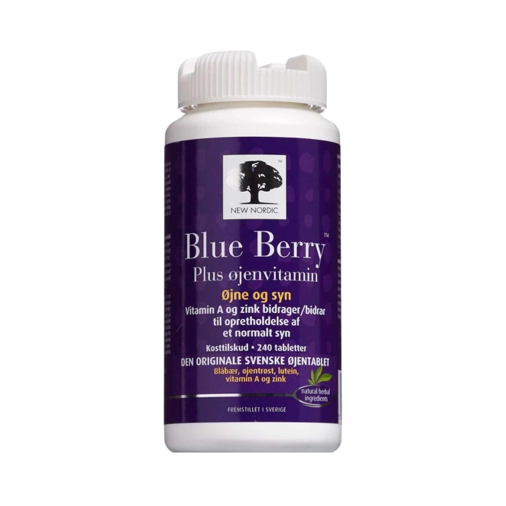 Pakke med New Nordic Blue Berry Plus Øjenvitamin blåbærtabletter, 240 stk.