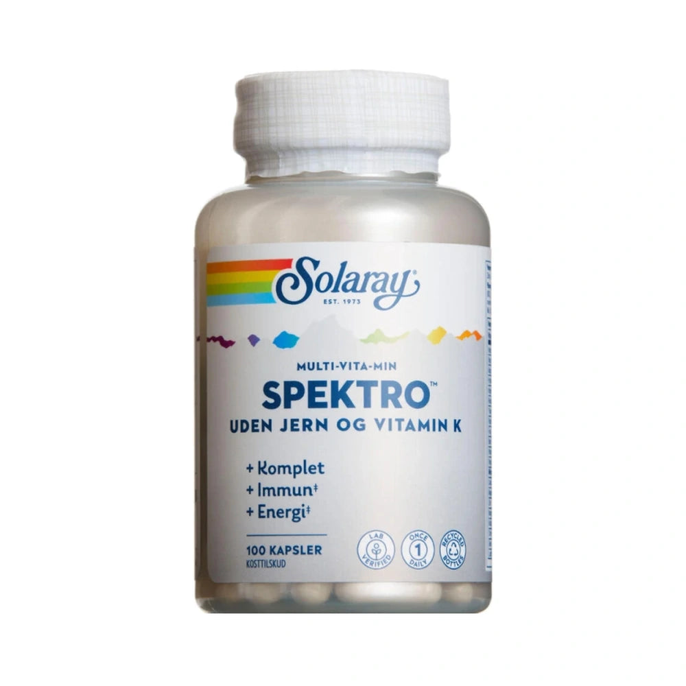 Pakke med Solaray Spektro Multivitamin uden jern og vitamin K, 100 stk.