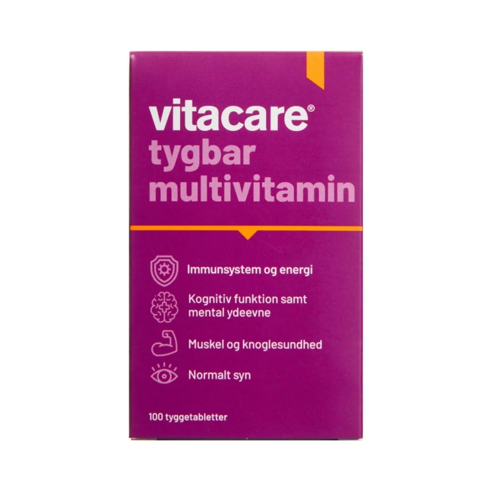 Pakke med VitaCare tygbar multivitamin med skovbærsmag, 100 stk.