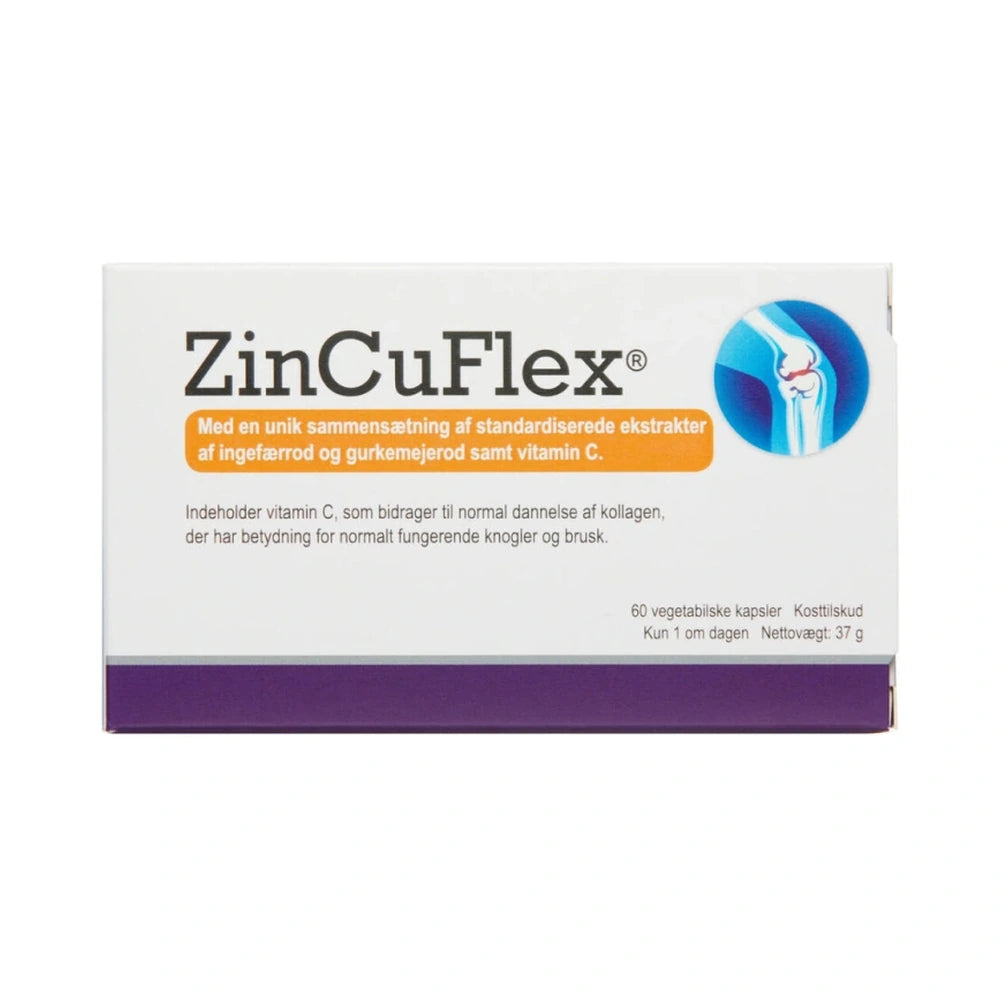 Pakke med ZinCuFlex kapsler med ingefær, curcumin og C-vitamin, 60 stk.