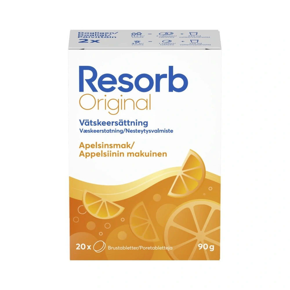 Pakke med Resorb Original brusetabletter med appelsinsmag, 2 x 10 stk.