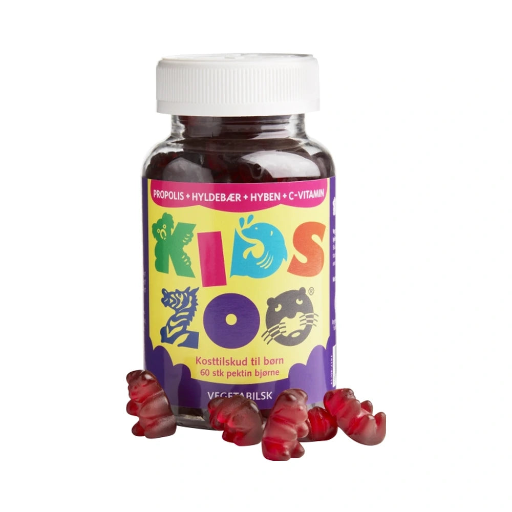 Pakke med Kids Zoo vegetabilsk kosttilskud med propolis, hyldebær, hyben og vitamin C, 60 stk.
