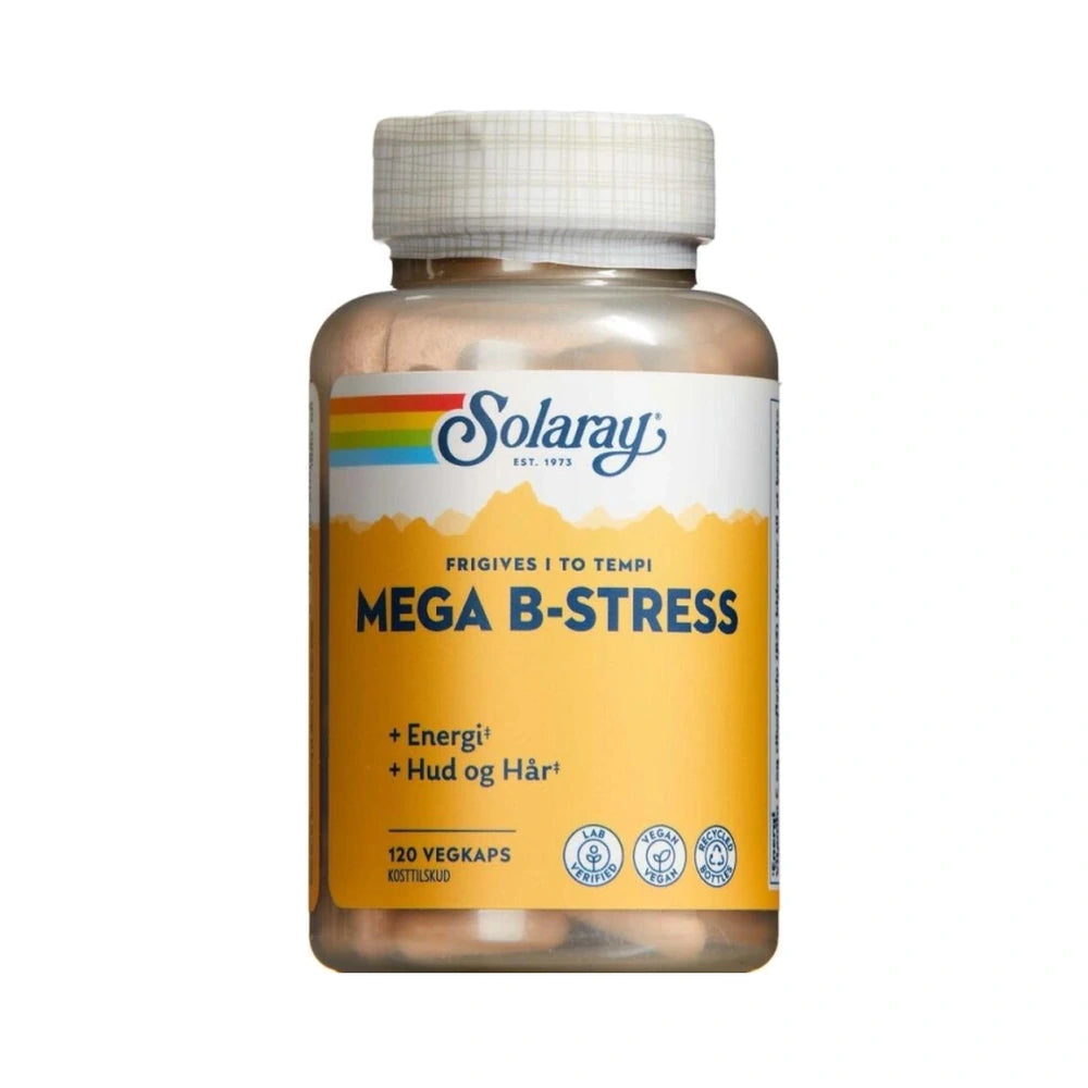 Pakke med Solaray Mega B-Stress kosttilskud med B-vitaminer, 120 stk.