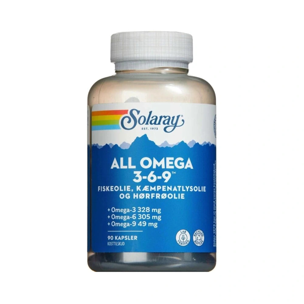 Pakke med Solaray All Omega 3-6-9 kapsler med fiskeolie, kæmpenatlysolie og hørfrøolie, 90 stk.