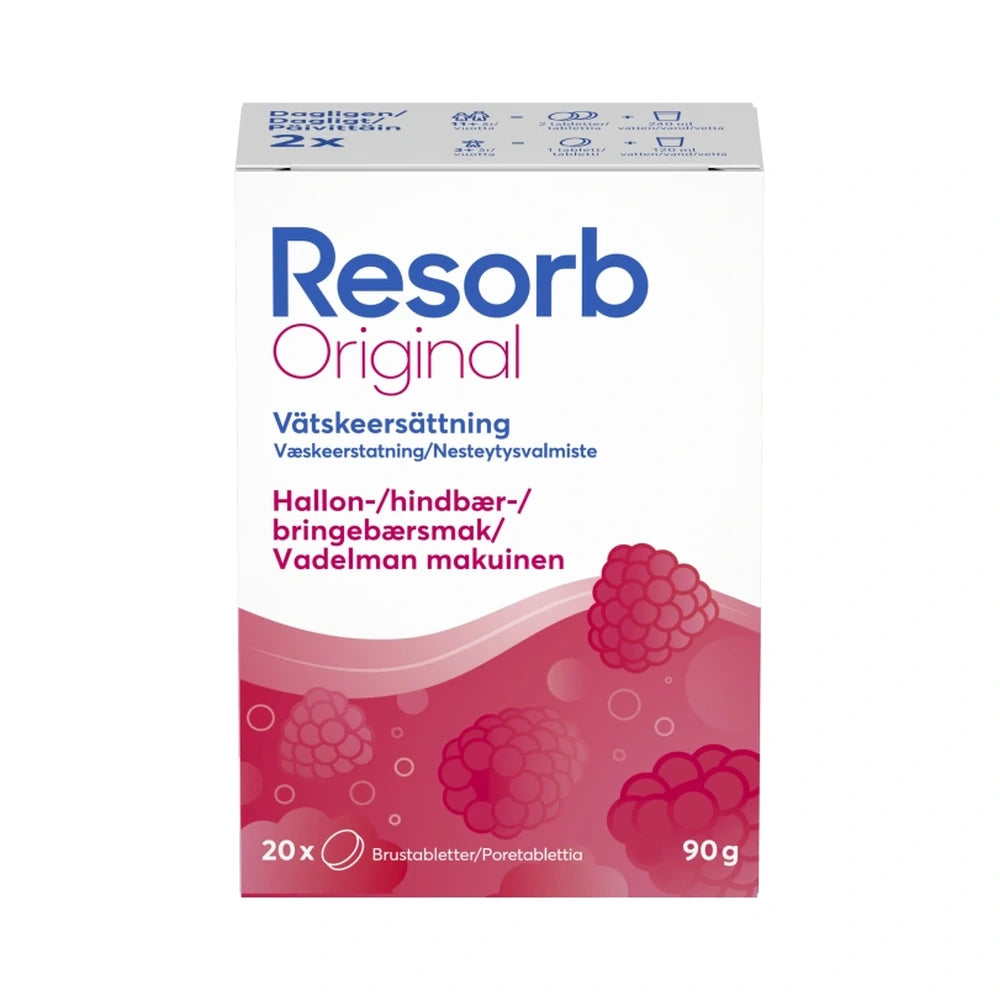Resorb Original brusetabletter med hindbærsmag, pakning med 2 x 10 stk