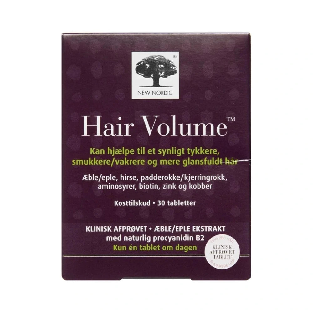 New Nordic Hair Volume tabletter med æbleekstrakt, hirse og biotin, pakning med 30 stk