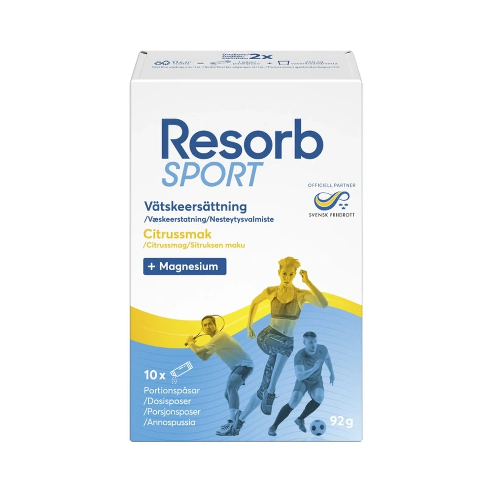 Resorb Sport citrus, 10 breve à 9,2 g med kulhydrat-elektrolytopløsning