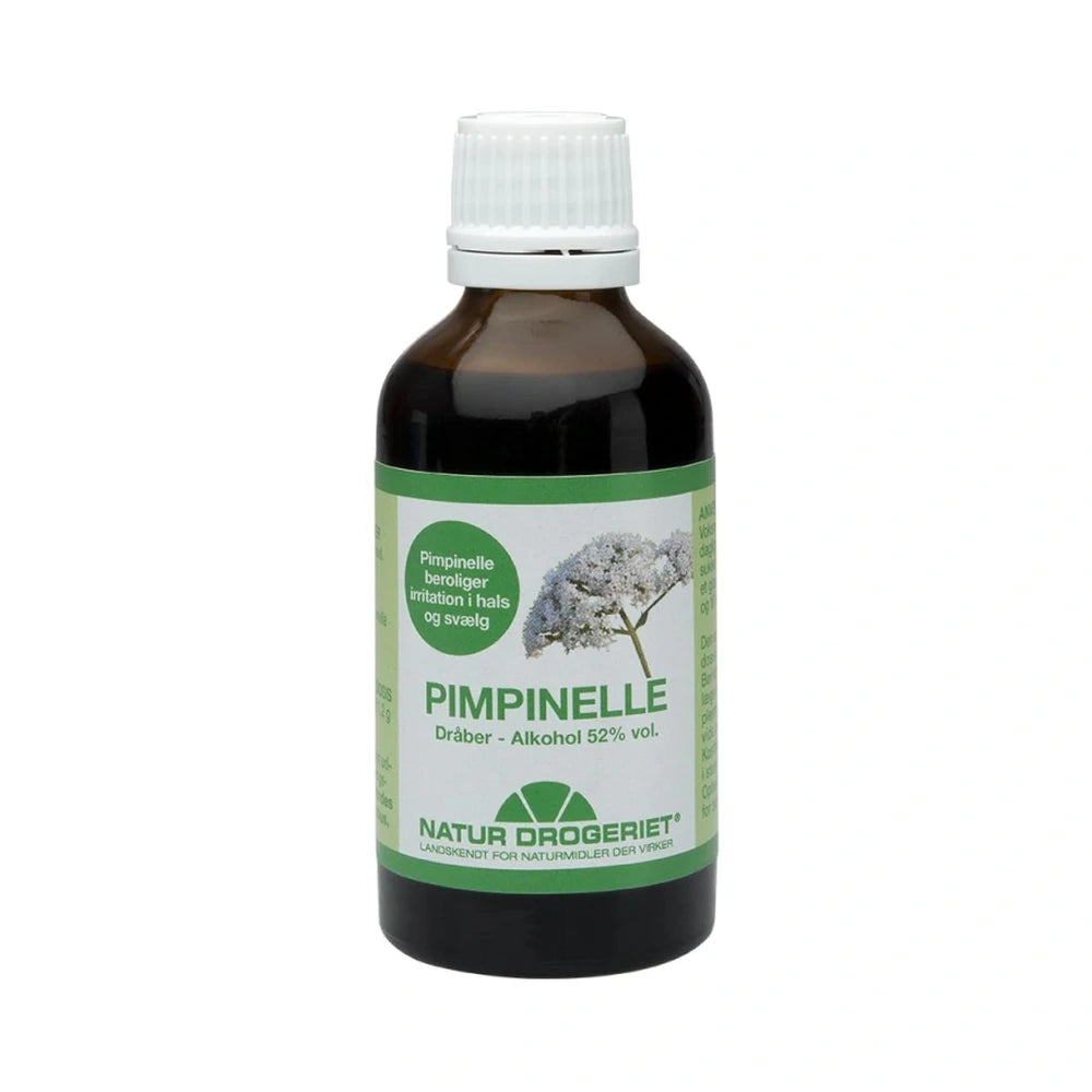 Flaske med Natur Drogeriet Pimpinelle dråber, 50 ml, kosttilskud med pimpinelleudtræk