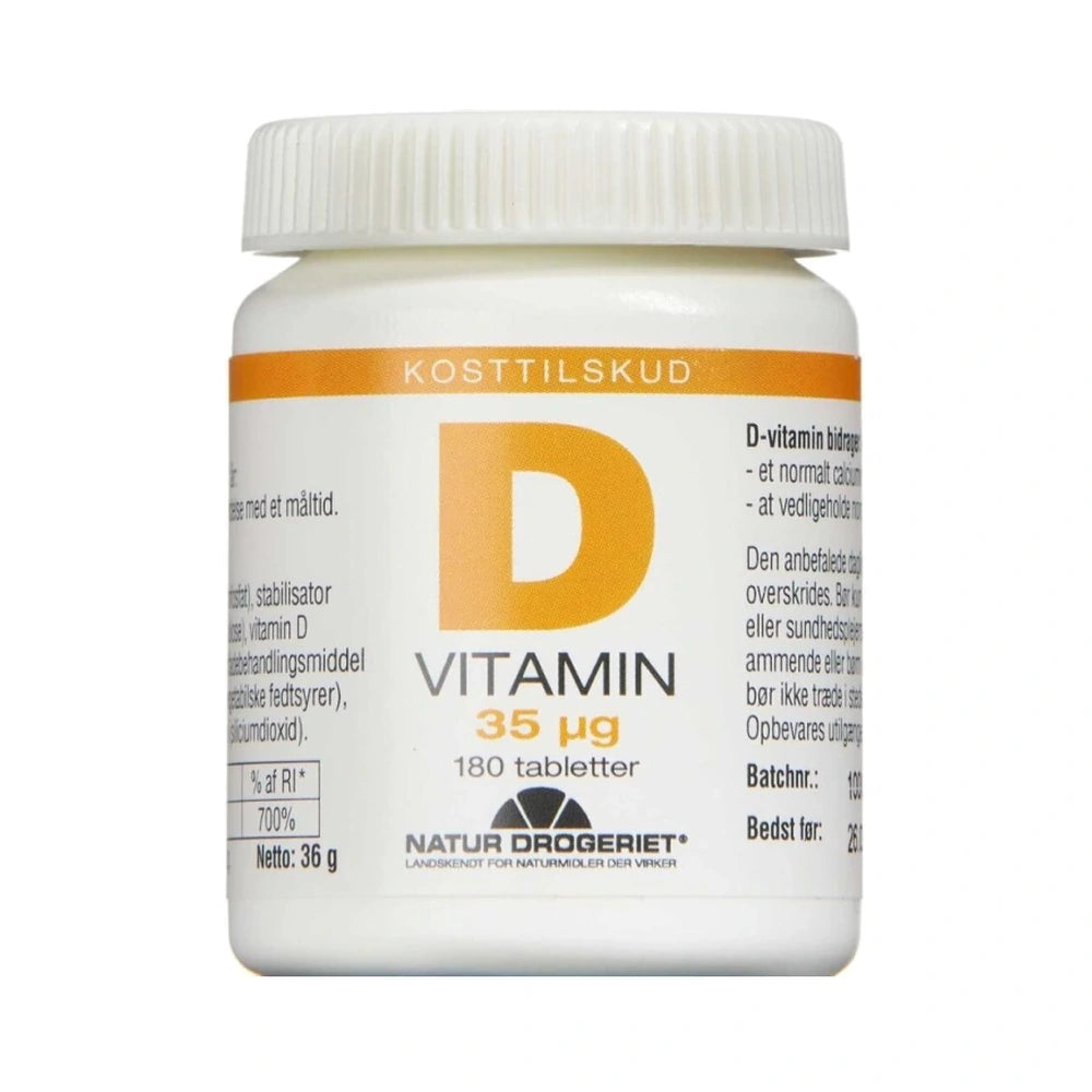 Natur Drogeriet D3 vitamin 35 µg kosttilskud i pakning med 180 stk