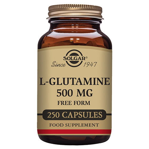 Pakke med Solgar L-Glutamine 500 mg kosttilskud, 250 kapsler