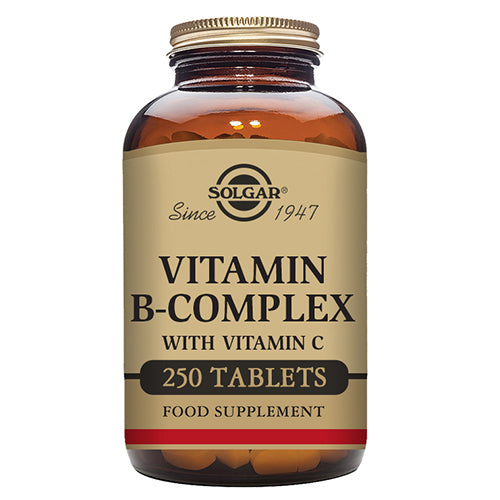 Glas med Solgar Vitamin B-Complex+ C, kosttilskud med 250 tabletter