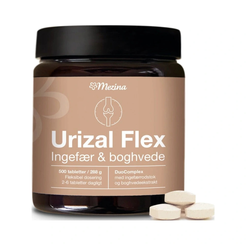 Pakning med Mezina Urizal Flex, kosttilskud med ingefær og boghvedeekstrakt, 500 tabletter