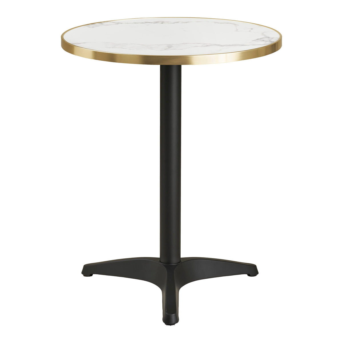 Rundt cafébord med hvid marmor look bordplade og sorte aluminiumsben