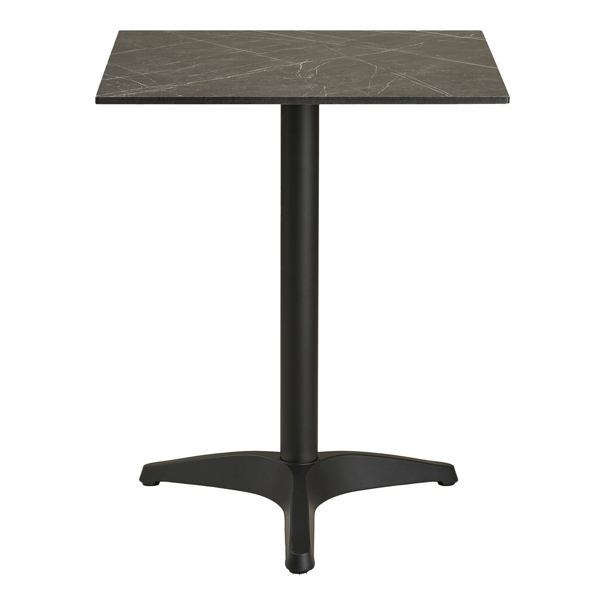 Firkantet cafébord med mørkegrå marmor look bordplade og sorte aluminiumsben