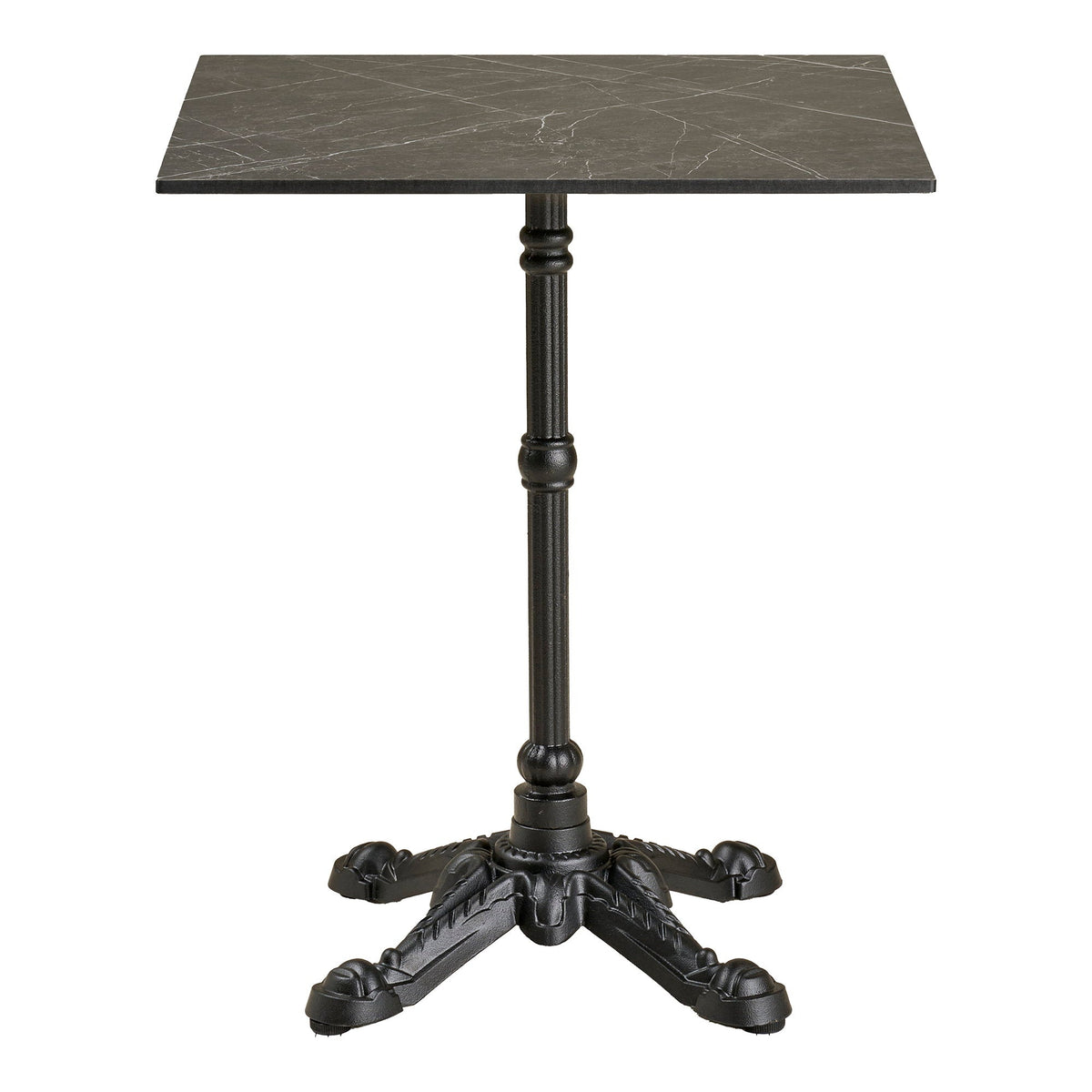 Firkantet cafébord med mørkegrå marmor look plade og sorte ben i støbejern