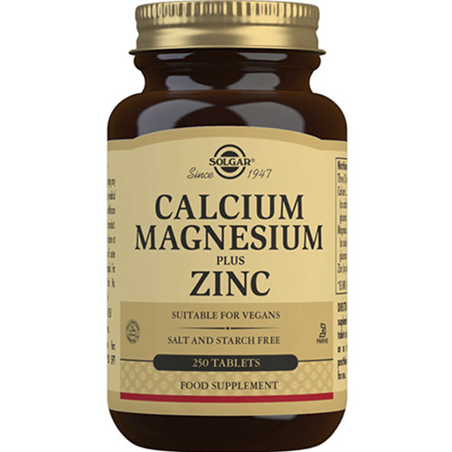 Glas med Solgar Calcium Magnesium Zink mineraltilskud, pakning med 250 tabletter