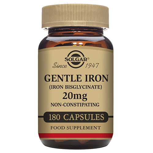 Pakning med Solgar Gentle Iron 20 mg vegetabilsk jerntilskud, 180 kapsler