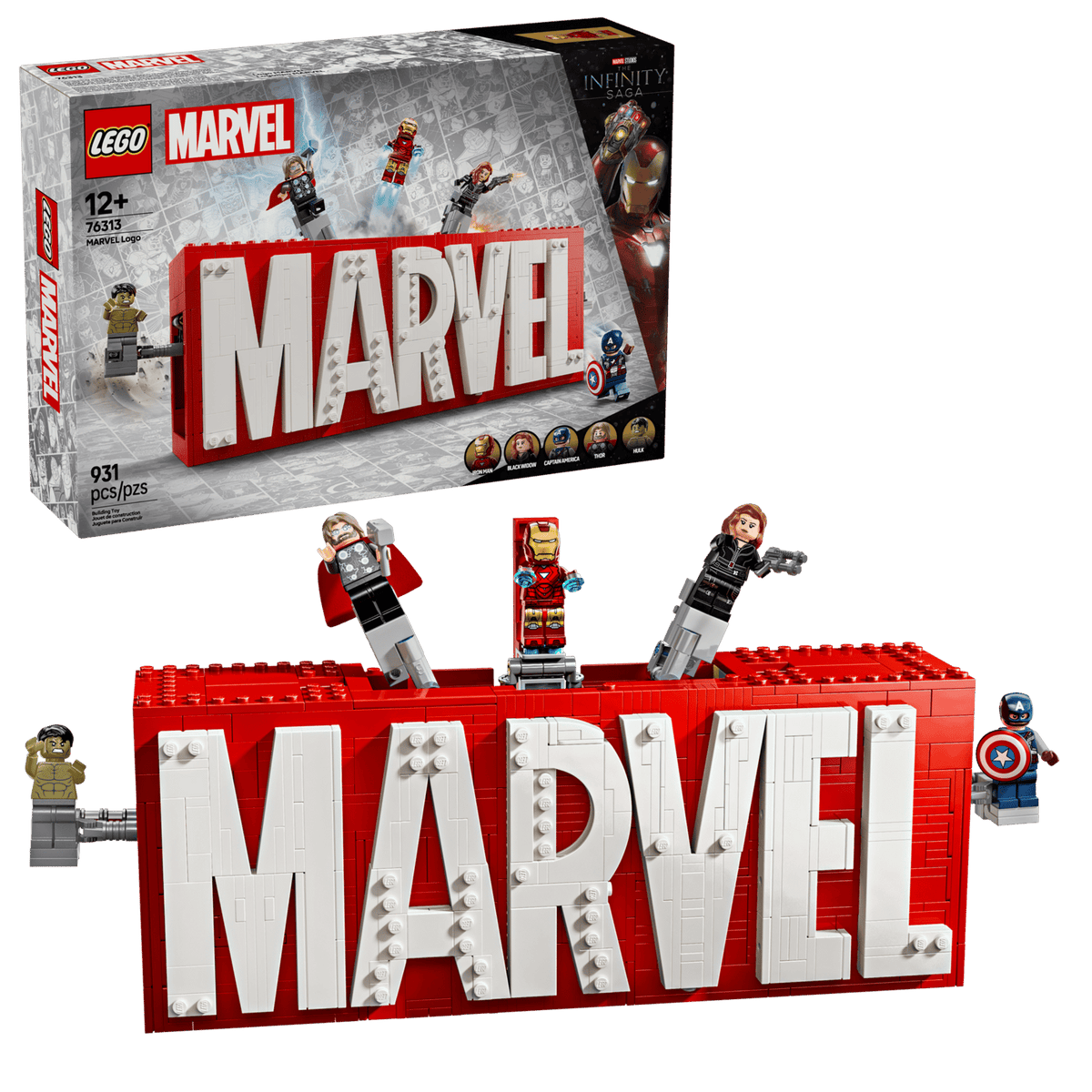 LEGO Marvel-logo og 5 Avengers-minifigurer, udstillingsmodel 76313