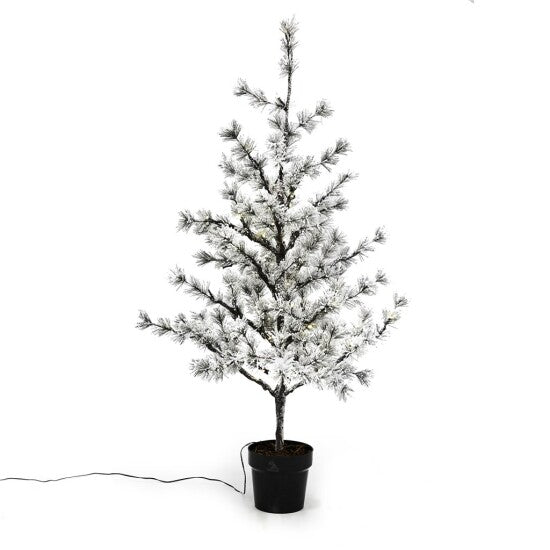 Kunstigt lærketræ i sort potte med sne og LED-lys fra Nordic Winter