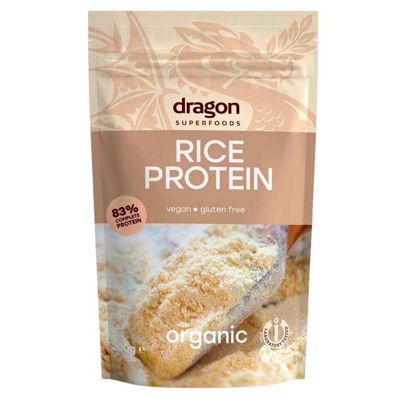 Pakning med Dragon Superfood økologisk risprotein med 83 % protein, 200 g