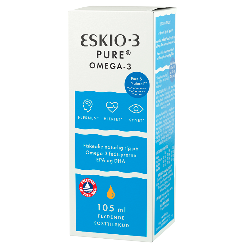 Flaske med Eskio-3 Pure Omega-3 flydende fiskeolie, 105 ml