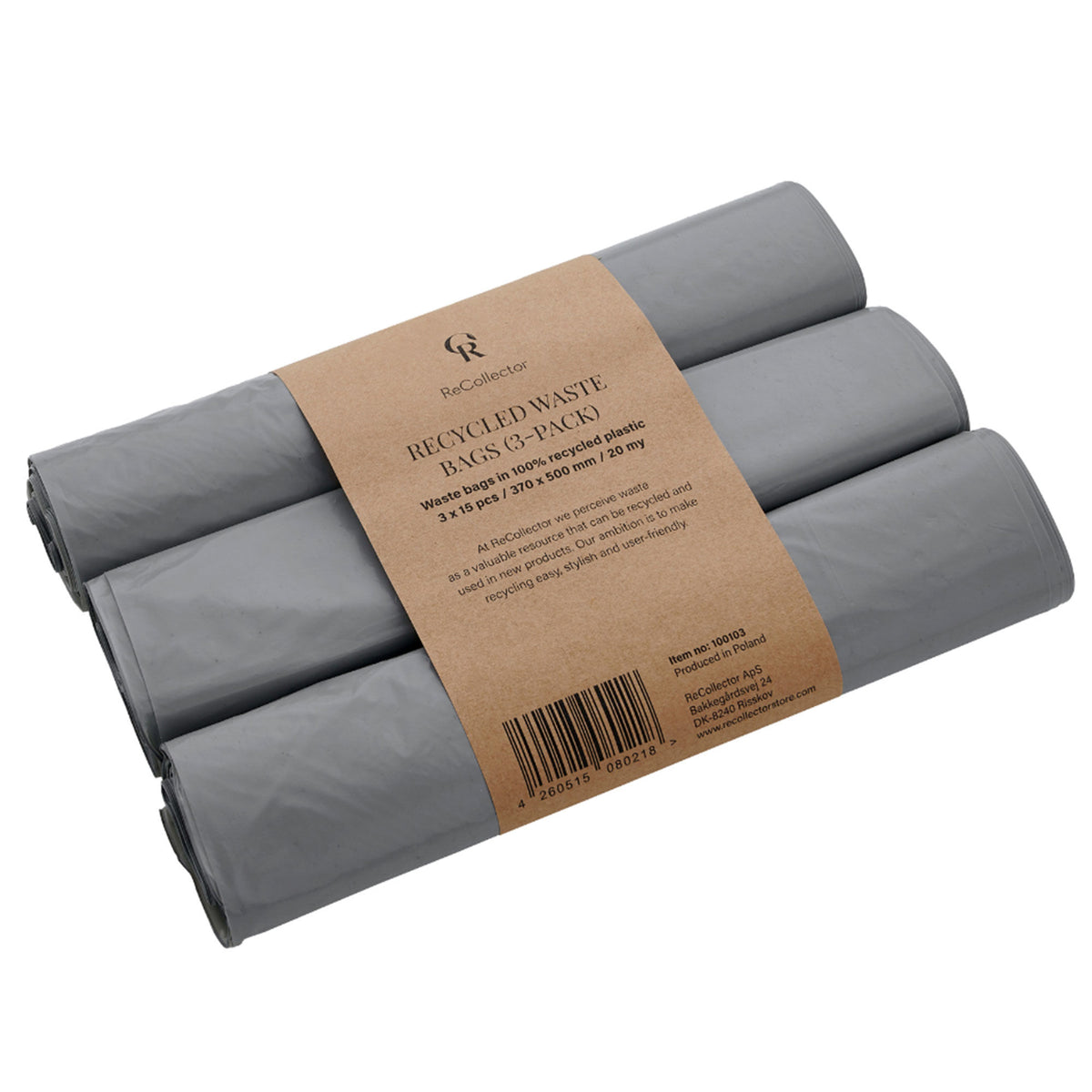 Tre affaldsposer af genanvendt plast fra Recollector Recycled Wastebag
