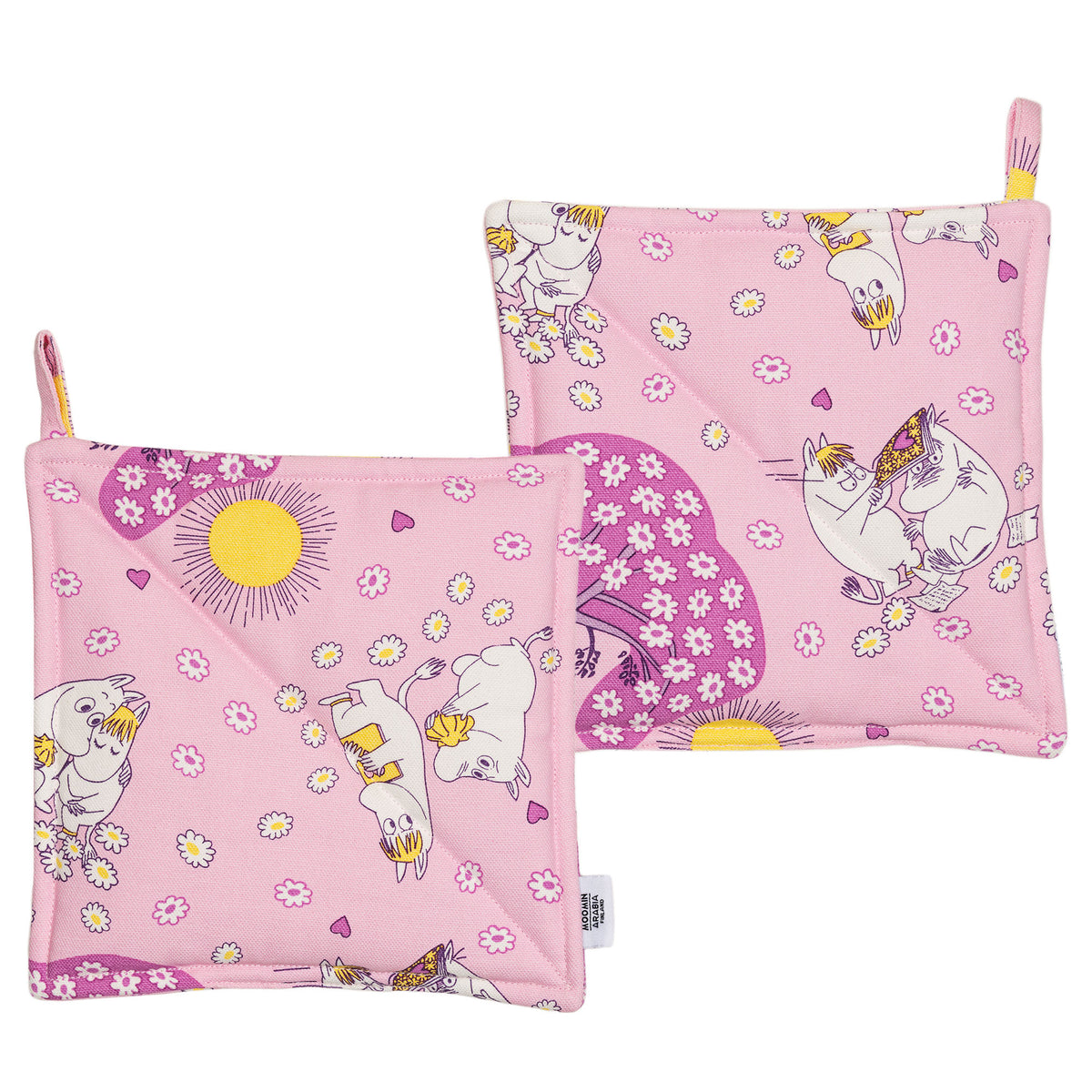 Moomin Arabia Forelskede grydelapper i lyserød med Mumitrolden og Snorkfrøken