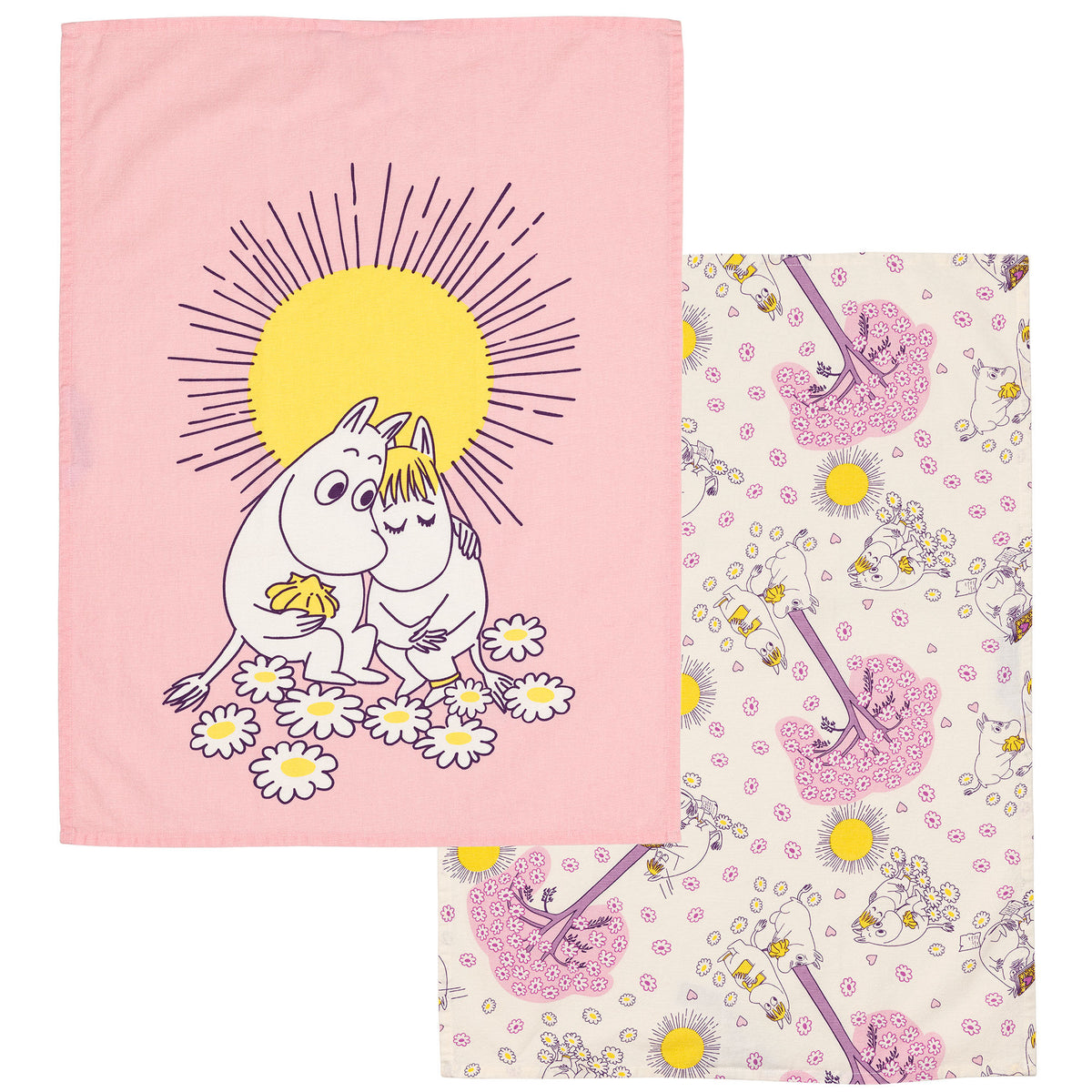 Lyserødt Forelskede-viskestykke fra Moomin Arabia med Mumitrolden og Snorkfrøken, 50 x 70 cm