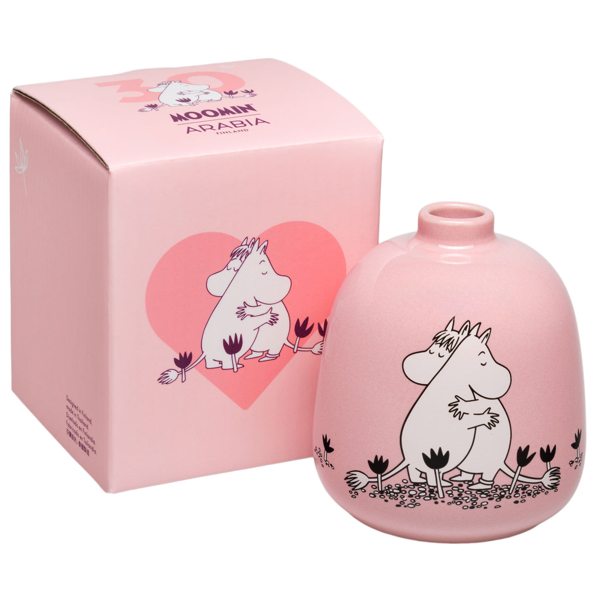 Moomin Arabia vase med motivet Kærlighed, hvor Mumitrolden og Snorkfrøken omfavner hinanden