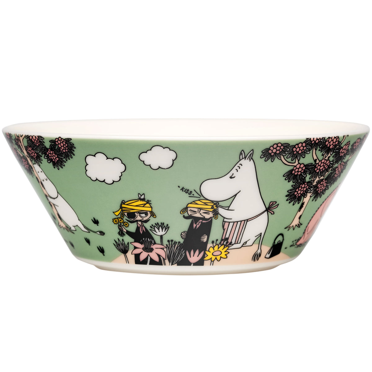 Grøn Moomin Arabia Omtanke skål, Ø15 cm, med motiv fra Tove Janssons tegninger