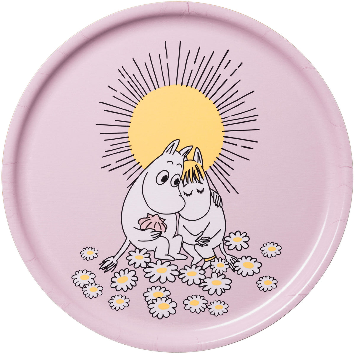 Moomin Arabia bakke Forelskede 35 cm med lilla motiv af Mumitrolden og Snorkfrøken