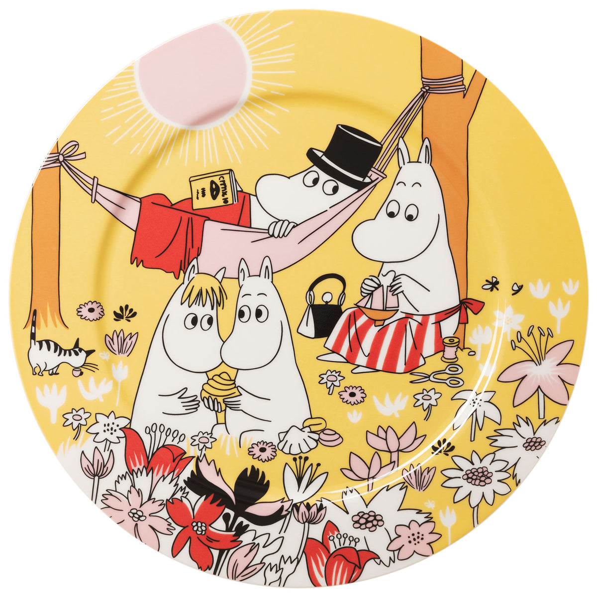 Gult serveringsfad fra Moomin Arabia med motivet Familiehygge, 30 cm