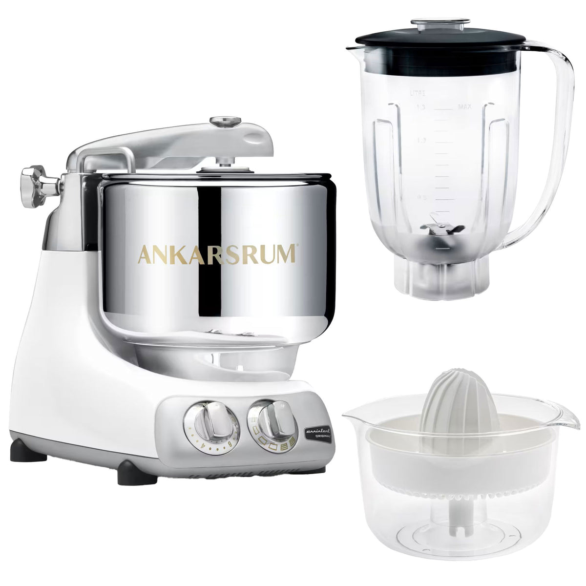 Ankarsrum Assistent AKM6230 røremaskine i mineral white med mixerkande og citruspresser