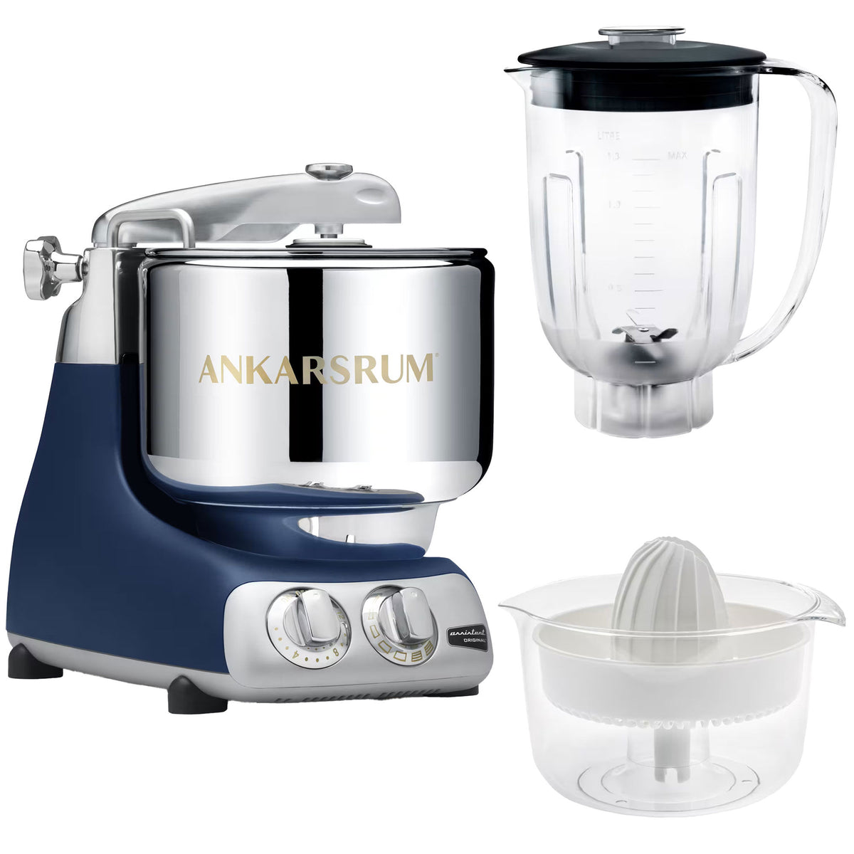 Ankarsrum Assistent AKM6230 køkkenmaskine i royal blue med mixerkande og citruspresser